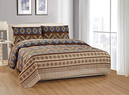 Rustic Western Southwestern Native American 4 Piece Queen Size Sheet Set in Beige Taupe Brown Blue and Green Color Scheme (Queen Austin Taupe Sheet Set)