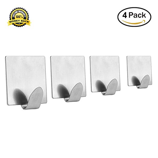3M Self Adhesive Hook, HMTek Stainless Steel Wall Hooks Adhesive for Home Kitchen Coats Hats Keys Bags Contemporary Style, Brushed Finish, Pack of 4