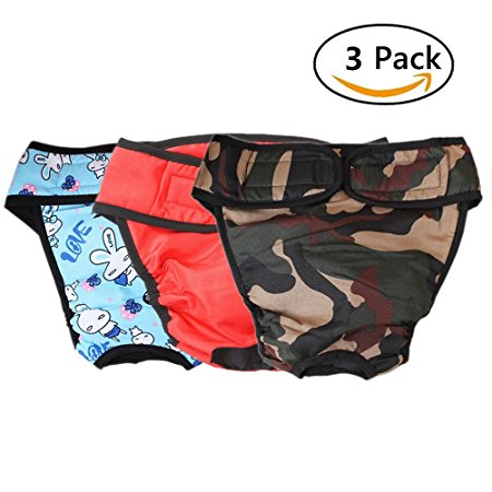 HTKJ Washable Female Dog Diapers (Pack of 3) with Velcro Reusable Comfy Durable Dog Wrap Sanitary Panties for Large Pet Dogs