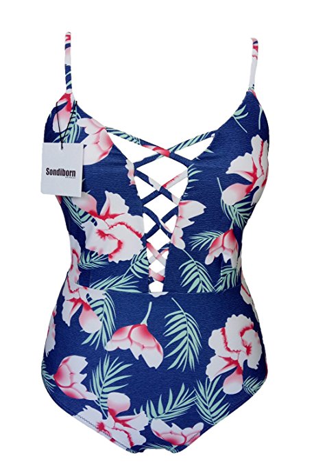 Sondiborn Swimwear Women's One Piece Criss Bandage Swimsuit Solid Color Floral Print Monokini