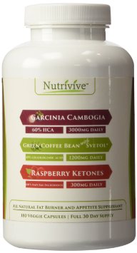 On Sale Now! Regular 35.73! Try It Now and See Results! Pure Garcinia Cambogia Extract 3000mg. Plus Green Coffee Bean Extract with Svetol® 1200mg and 300mg Raspberry Ketones -Maximum Dosage As Recommended By Weight Loss Specialists- 100% All Natural Ingredients - Premium Fat Burner and Appetite Suppressant Made From the Three Best Weight Loss Ingredients - 60% HCA (Hydroxycitric Acid) and 45% Chlorogenic Acid. Includes Potassium and Calcium for Optimal Absorption - 180 Veggie Capsules for a Full 30 Day Supply - Backed By Amazon Money Back Guarantee.