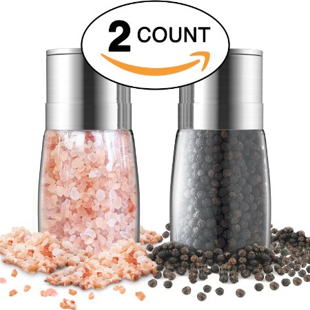 Salt and Pepper Grinder Set - Premium Stainless Steel Manual Mills - Adjustable Coarseness Brushed and Elegant - Best Glass Shakers Containers and Dispenser - Refillable Holder and Organizer Combo Gift