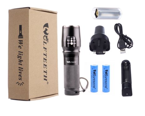 WOLFTEETH CREE XML T6 2200LM LED Torch Rechargeable Flashlight Zoomable Lamp2x18650 BatteryOriginal box Christmas Gift Black