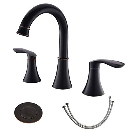 Friho Lead-Free Commercial Two Handle Three-Hole Oil Rubbed Bronze Widespread Bathroom Faucet,Bathroom Vanity Sink Faucets with Drain Stopper and Water Hoses