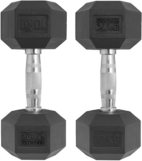 DTX Fitness 2x 10kg Rubber Dumbbell Hex Weights