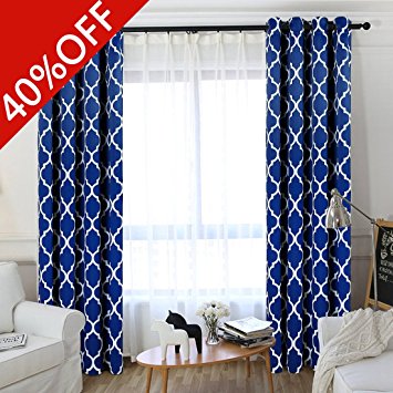 MEROUS Geometric Print Blackout Room Darkening Grommet Curtain - Thermal Insulated Window Panel Drapes - Set of 2 (Royal Blue, 52 x 84 inch)