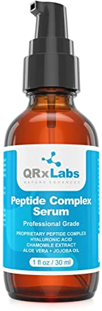 QRxLabs Peptide Complex Serum/Collagen Booster For The Face With Hyaluronic Acid And Chamomile Extract - Anti Aging Peptide Serum, Reduces Wrinkles, Heals And Repairs Skin - Tightening Effect