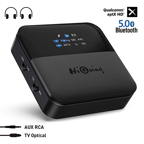 HiGoing Bluetooth 5.0 Transmitter Receiver with Indicator Display, Digital Optical TOSLINK and 3.5mm Wireless Audio Adapter, aptX HD, aptX LL, Low Latency for TV/Home/Car Stereo System