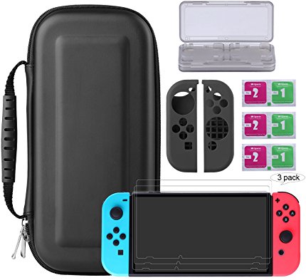 Bestico Nintendo Switch Protector Kits, Include Nintendo Switch Carrying Case /Game Card Case/3 Pcs HD Full Coverage Nintendo Switch Screen Protector/Joy-Con Silicone Protective Cover.