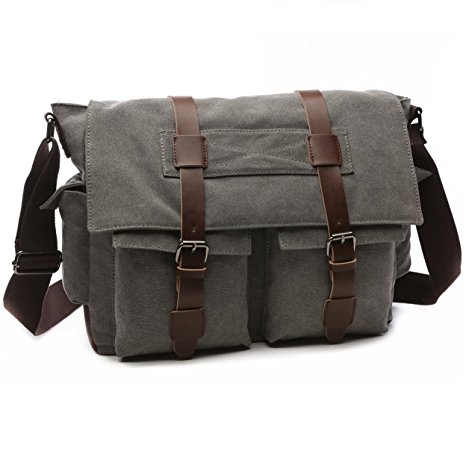 BAOSHA MS-06 Vintage Military Men's Canvas Leather Messenger Bag Casual Cross Body Travel Shoulder Bags Satchel School Laptop Bag for 15 inch Laptop Briefcase
