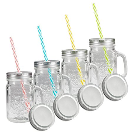 Tosnail 15 Oz. Mason Jar Mugs with Handle, Tin Lid and Plastic Straws - Old Fashion Drinking Glasses - Pack of 4