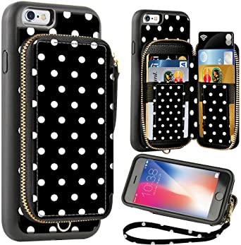 ZVE Wallet Case for Apple iPhone 6 and iPhone 6s, 4.7 inch, Zipper Wallet Case with Credit Card Holder Slot Handbag Purse Wrist Strap Print Case for Apple iPhone 6 /6s 4.7 - Polka Dots