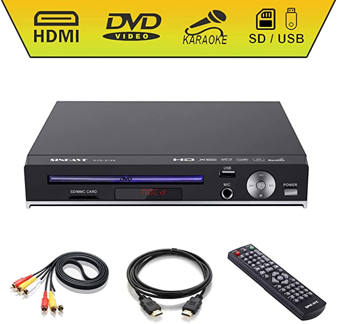 DVD Player, Sindave Compact DVD Players for TV Region Full HD Upscaling 1080p UpConverting DivX, USB Direct Recording and Playback, SD Cardreader Karaoke Mic Port (HD DVD Player) (Compact DVD Player)