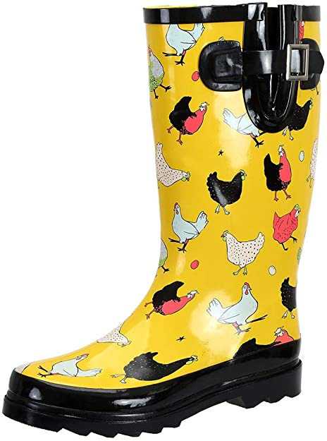 SheSole Women's Wide Calf Tall Garden Rain Boots Yellow Chicken Printed