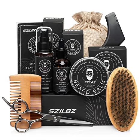 SZILBZ Beard Care Kit for Men Grooming Balm Oil Shampoo Wash Brush Comb Scissors Natural Mild Gifts Use Dating Party Wedding