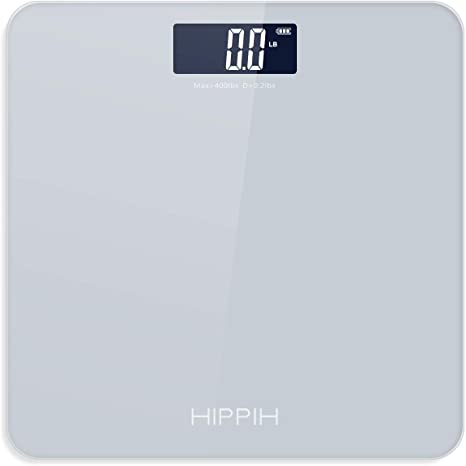 Body Weight Scale for People, HIPPIH Battery-Powered Digital Bathroom Scale with Round Corner, 11x11 in Precise Grey Body Scale with Step-On Technology, Large Blacklit Display, 400 Pounds Max