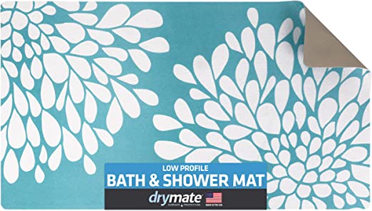 Drymate Low-Profile Bath & Shower Mat, (Ultra-Thin) Fits Under Doors -Absorbent/Waterproof/Slip-Resistant- Machine Washable Bathroom Floor Pad for Outside of Bathtub (USA Made) (16” x 28”)