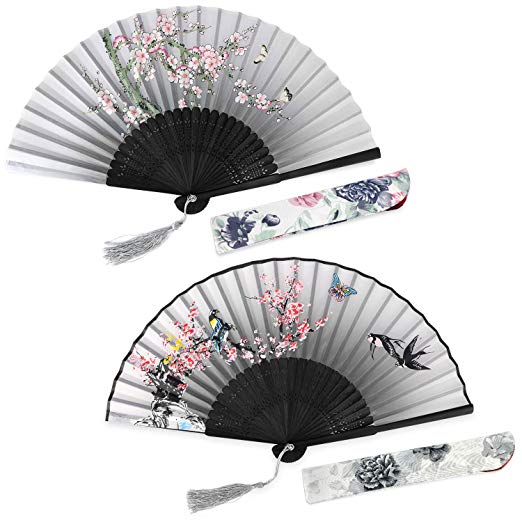 Maxchange 2-Pack Hand Held Folding Fan, Women Craft Silk Fan with Bamboo Frame and Elegant Tassel, Come with a Cloth Sleeve Per Fan, Cooling Yourself, Wedding Gifts, Party Gifts