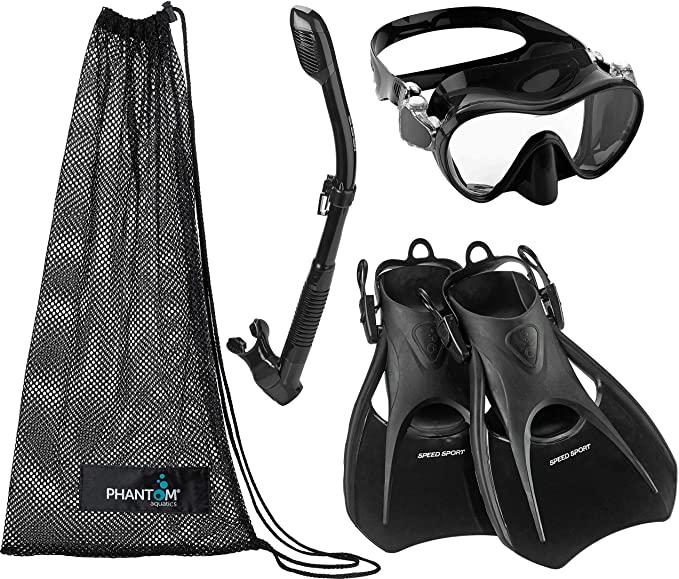 Phantom Aquatics Italian Design Tempered Glass Lens Frameless Scuba Snorkeling Mask - Adjustable Strap Snorkel Fin - Mask Fin Snorkel Set