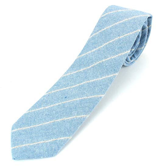 Men's Linen Cotton Skinny Necktie Tie Light Beige/White/Brown Pinstripe Pattern - 2 1/2" Width