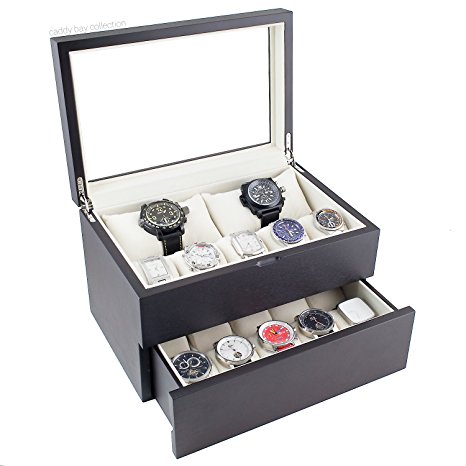 Caddy Bay Collection Vintage Dark Walnut Wood Watch Case Display Storage Watch Box Glass Top Holds 20  Watches With Adjustable Soft Pillows and High Clearance for Larger Watches