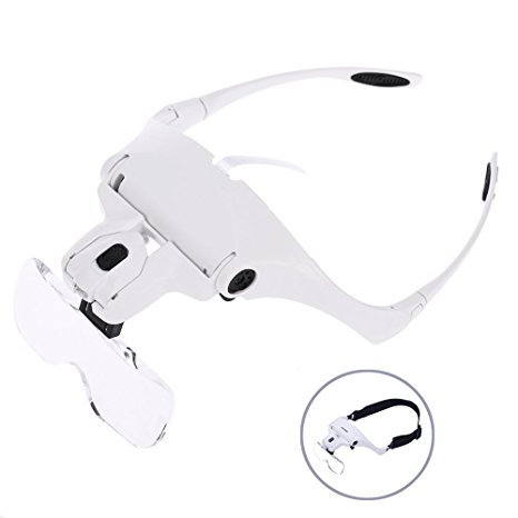 Headband Magnifier Head-mounted with 2 LED Light- Hands Free Headband Magnifying Glasses Loupe Visor for Electronics, Crafts, Watch Repair, Jewelry, Hobby: 1.0X, 1.5X, 2.0X, 2.5X, 3.5X
