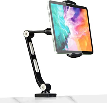 Suptek Tablet Stand Long Arm - Adjustable Tablet Holder for Desk Bed Kitchen, Upgraded Aluminum Phone Stands and Holders for iPad Pro Air/Mini, Samsung Tabs, Surface, Kindle, 360° Swivel Black