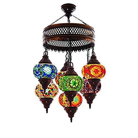 Turkish Authentic 7 Globe Mosaic Chandelier Mosaic Lamp Moroccan Lantern