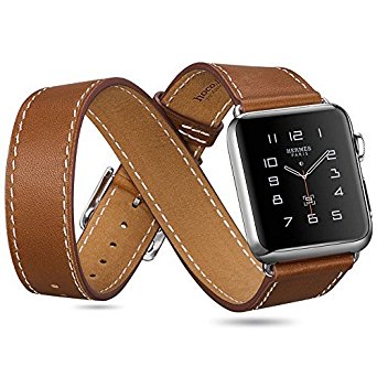 Hoco Apple Watch Band Pinhen Double Tour and Cuff Watch Band Cow Genuine Leather Classic with Metal Buckle for Apple watch (3 in 1 Leather 38MM Brown)
