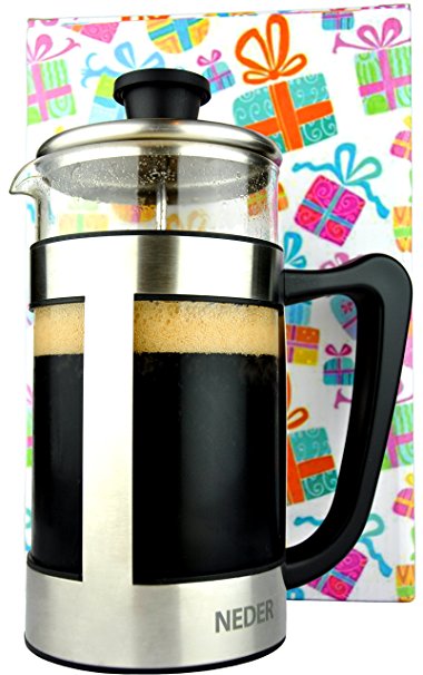 French Press Coffee Espresso Tea Maker 34 oz - Gift Box - Comfortable Handle - Easy Clean - Coffee Press Stainless Steel - 1 liter 8 Cups - Gift Idea - Birthday gifts for women and men