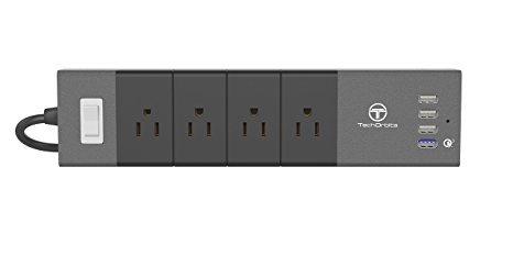 Surge Protector Smart USB Powerstrip - 4 USB Charging Ports Qualcomm Quick Charge 3.0- 110v - Four Multi Outlets 1250W - Easily Charge iPhones Androids iPads & Tablets- TechOrbits