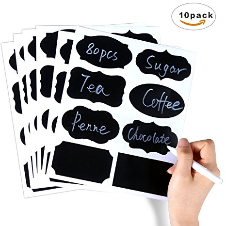 80 Reusable Chalkboard Labels, 10 Sheet Blackboard Stickers for Jars   Erasable White Chalk Marker. The Large and Reusable Spice Labels   Liquid Chalk Pen to Decorate Your Pantry Storage & Office