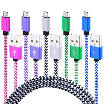 Micro USB Cable, Kakaly [5-Pack] 6ft/2m High Speed Nylon Braided Cable Charging/Sync Data Durable for Android, Samsung Galaxy S6 S7 Edge, Note4/5, HTC, Nokia, Sony and Other Tablet Smartphone