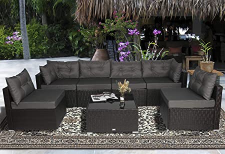 Allewie 7 Pieces Patio Sofa Set Outdoor Furniture Sectional All-Weather Wicker Rattan Sofa with Back Cushions, Garden Lawn Pool Backyard Outdoor Sofa Conversation Set, Grey