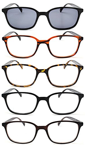 5-Pack Spring Hinge Reading Glasses Men and Women Includes Sun Readers