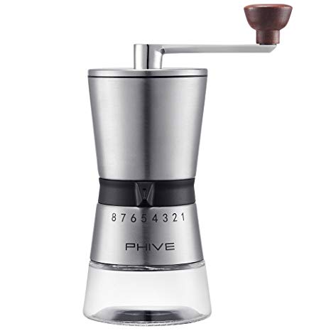 Manual Coffee Grinder, PHIVE Ceramic Conical Burr Mill, Adjustable 15 Coarseness Settings for Precision Brewing, Brushed Stainless Steel, Hand Crank Coffee Mill, Quiet and Portable