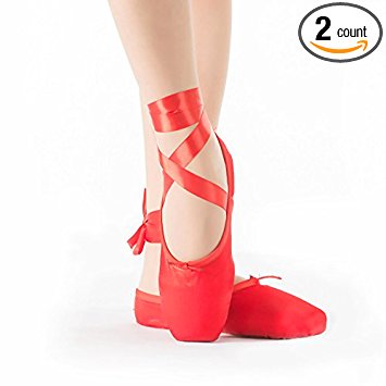 Girls Pointe Shoes Red Ballet Shoe Leather Sole with Free Gel Silicone Toe Pads and Ribbons
