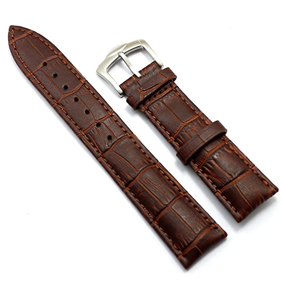 Conbays 22mm Brown Genuine Leather Stainless Steel Pin Buckle Watch Band Strap (22mm)
