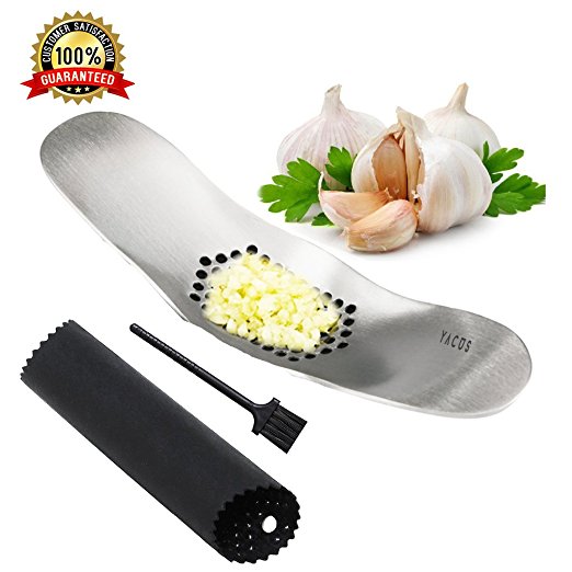 YACUS Stainless Steel Garlic Press for crushing & mincing with BONUS Silicone Garlic Peeler Tube   Cleaning Brush