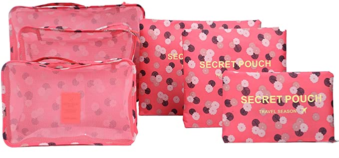 6 sets travel Organizers Packing Cubes Luggage Organizers Compression Pouches (Pink Daisy)