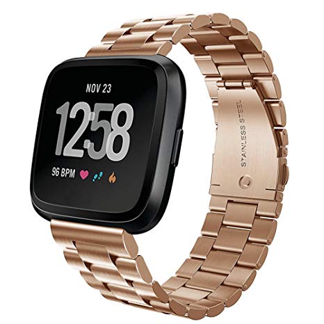 Compatible Fitbit Versa Bands, Kmasic Stainless Steel Metal Replacement Bracelet Starp Band for Fitbit Versa Sports Smart Watch Fitness, Rose Gold