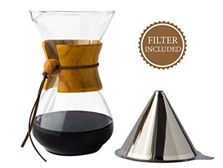 Glass Coffee Maker w/ Reusable Stainless Steel Filter by Comfify - Manual Coffee Dripper with Glass Carafe w/ Convenient Pour Over Coffee Brewer- 30 oz.