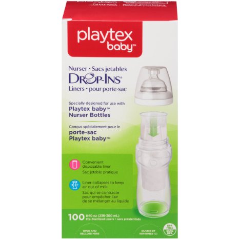 Playtex BPA-Free Nurser Baby Bottles Drop-Ins Disposable Bottle Liners, 8 to 10 Ounce, Pack of 100 (Compatible with Playtex Nurser Bottles, 8 Ounce)