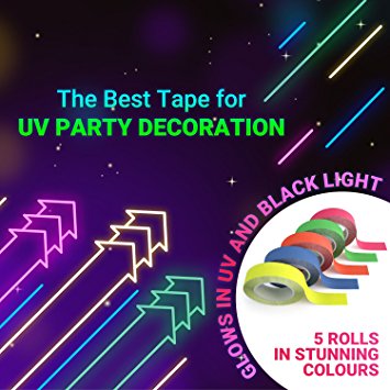 5 Pack Neon Blacklight Tape - The Best Glow in the Dark Party Supplies for UV Reactive Parties, Fluorescent Color Coding and Hazard Marking for Clubs and Studios [5 Rolls - 1/2" x 25ft Each]