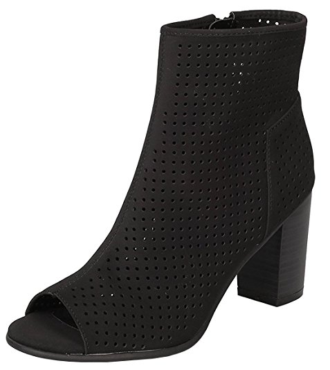 Breckelle's Women's Perforated Stacked Chunky Heel Peep Toe Bootie
