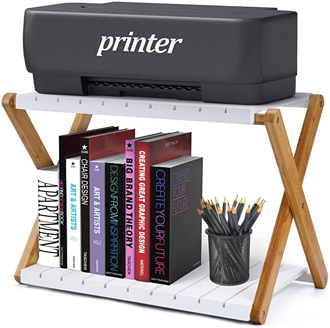 Nnewvante Desk Shelf Foldable Shelving Unit Printer Stand Multifunction 2 Tiers Bamboo Storage Organizer for Books, Fax Machine, Scanner, Files, Home Office Desktop Floor, White