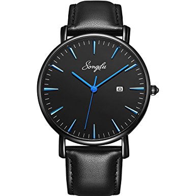 SONGDU Men's Ultra-Thin Quartz Analog Date Wrist Watch with Black Leather Strap