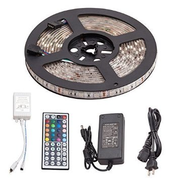 Sunnest TM 164FT Waterproof Flexible Strip 300 LEDs Color Changing RGB SMD5050 LED Light Strip Kit RGB 5M with 44Keys IR Remote Controller and 12V 5A Power Supply