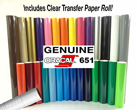 ORACAL 651 Gloss Craft Adhesive Vinyl 12" x 30" Multi-Color Roll Bundle for Silhouette, Cricut & Die-Cutting Machines Including 12" x 30" Roll of Clear Transfer Paper (30 Color Rolls)