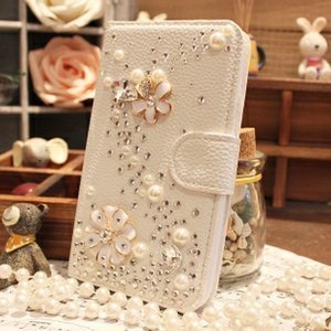iPhone 6 Plus Case, LA GO GO(TM) Luxury 3D Bling Handmade Glitter Rhinestone Pearl Leather Flip Wallet Purse Card Pouch Stand Protective Case for Apple iPhone 6 Plus (5.5 inch) (Flower Pearl, iPhone 6 Plus)